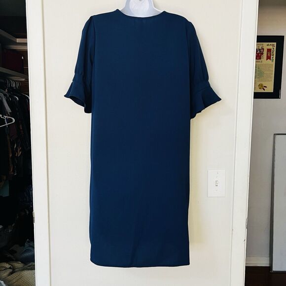 Wkior Shift Dress V Neck Short Ruffle  Sleeves Solid Color Casual Flowy Blue Tan - Picture 3 of 11